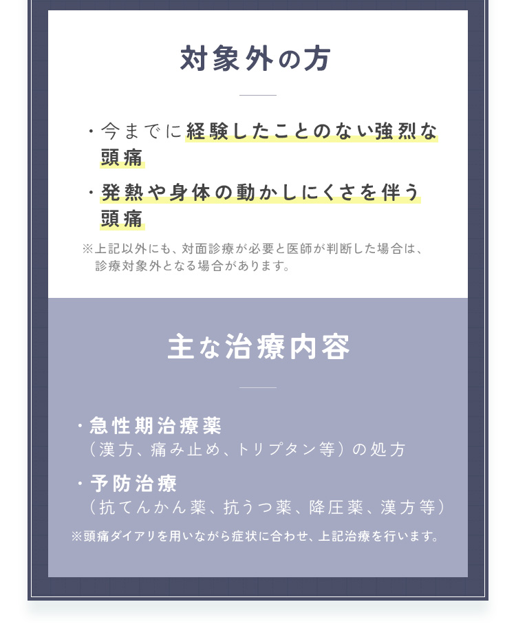 対象外の方「今までに経験したことのない強烈な頭痛」「発熱や体の動かしにくさを伴う頭痛」※対面診療が必要と医師が判断した場合は、オンライン診療対象外となる場合があります